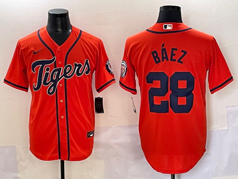 Men 2025 Detroit Tigers 28 Baez Orange Game Nike MLB Jersey style 1